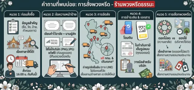 สั่งพวงหรีดต้องรู้อะไรบ้าง? รวมคำถามที่พบบ่อย FAQ คำถามที่พบบ่อยเกี่ยวกับการสั่งพวงหรีด